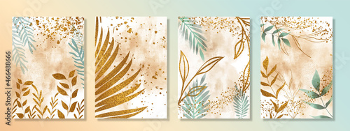 Cards set with watercolor and gold plants. Abstract art vector with glitter elements. Effective cards with botanical leaves and organic shapes. Watercolor style. Space for your own design.