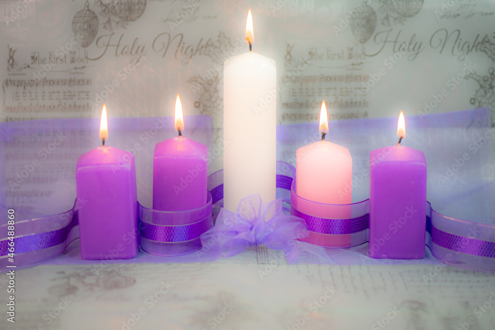Advent candles for Christmas fifth candle lit Stock Photo Adobe Stock