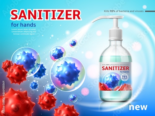 Realistic hand sanitizer. Disinfectant packaging with dispenser. Antiseptic gel bottle. 3D virus molecules. Hygiene cleaning product. Antibacterial cleanser. Vector advertising banner