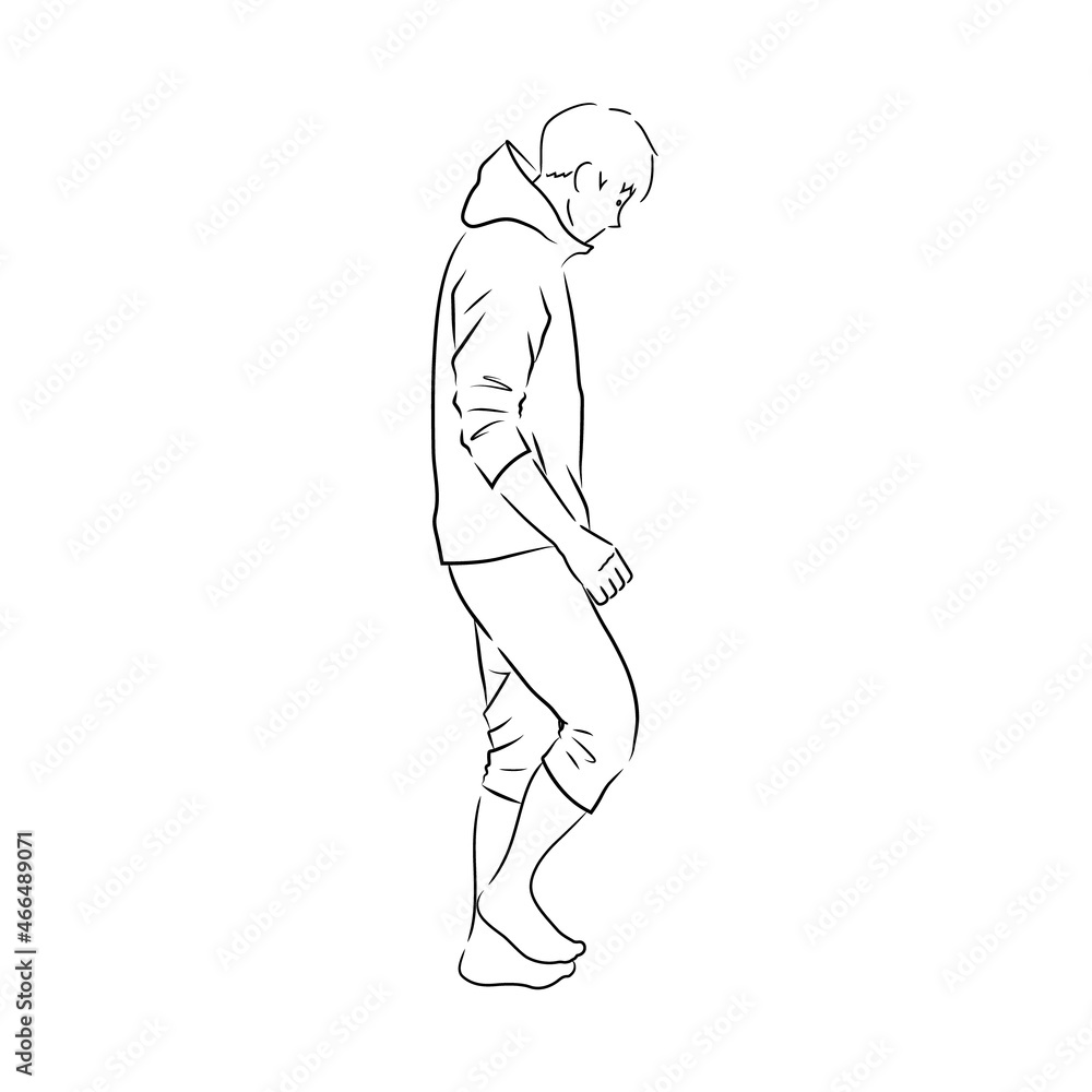 Illustration of a man in a hoodie walking barefoot (white background, vector, cut out, line art) Illustration of a man in a hoodie walking barefoot (white background, vector, cut out, line art)
