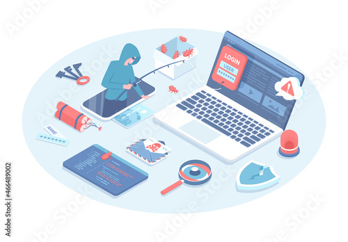 Hacker attack. Cyber criminal phishing private personal data, documents, email, passwords. Online scam and steal. Vector illustration in 3d design. Isometric web banner.
