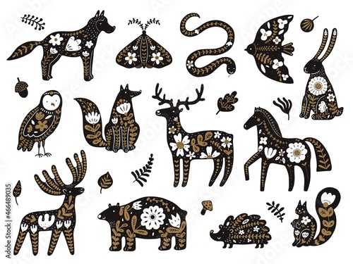 Scandinavian flowers animals. Folklore Nordic woodland elements. Fauna patterned totem templates. Black silhouettes with floral ornaments. Plant leaves. Vector forest creatures set