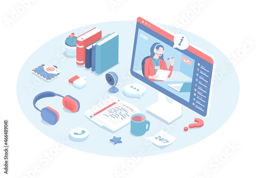 Online support operator, customer service. Virtual help chat, answer call, video conference. Vector illustration in 3d design. Isometric web banner.