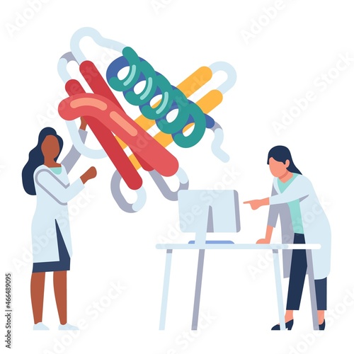 Scientists working. Chemist experience or new vaccine development. Researchers conduct chemical scientific experiment. Women explore molecule in laboratory. Medical discovery. Vector concept