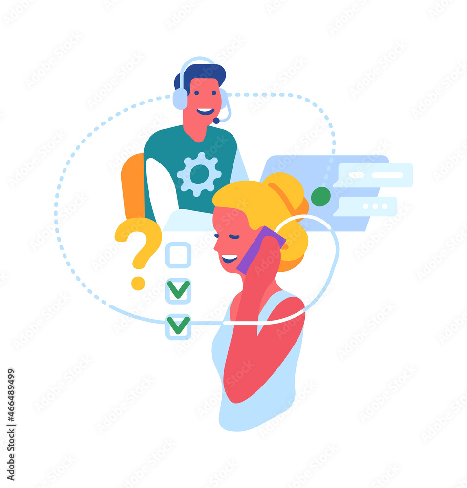Customer support service. Call center workers, round-the-clock online assistant, chatbot aide, consumer and hotline operator. Woman supporter helps client. Vector illustration Customer support service. Call center workers, round-the-clock online assistant, chatbot aide, consumer and hotline operator. Woman supporter helps client. Vector illustration