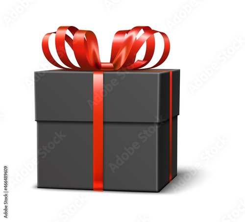 Black gift box. Realistic festive present wrap mockup, red satin ribbons with tied bow side angle view, elegant dark package, black friday birthday or christmas packaging. Vector object