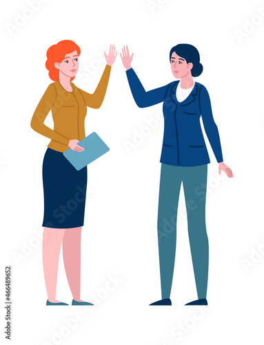 Business greeting people. Office employees in suits greet with gestures, corporate colleagues give five on meeting. Successful women in teamwork, vector cartoon flat illustration
