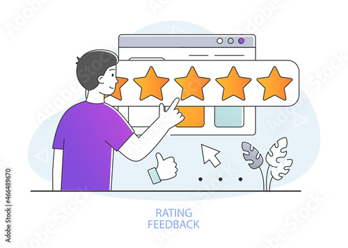 User feedback rating concept. Young man evaluates product or service. Satisfied character gives five stars. Buyer opinion to improve service. Leave review or comment. Cartoon flat vector illustration