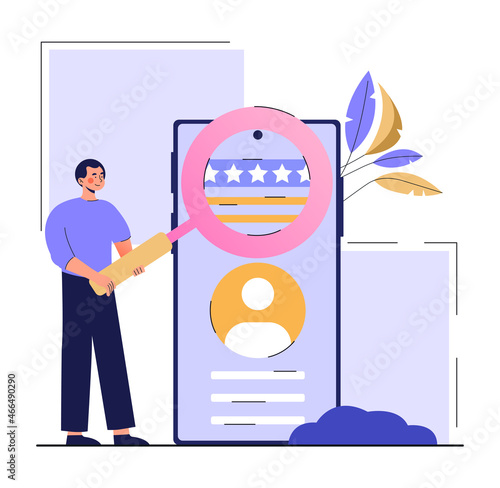 Online reputation management. Man holds magnifying glass and checks rating on smartphone screen. Users give feedback to improve quality of service. Comment or review. Cartoon flat vector illustration