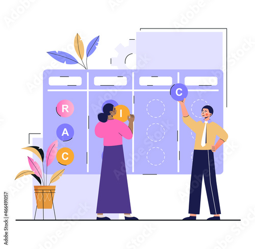 Raci Matrix concept. Man and woman distribute responsibilities and tasks between employees using special table. Team management and effective work in company. Cartoon modern flat vector illustration