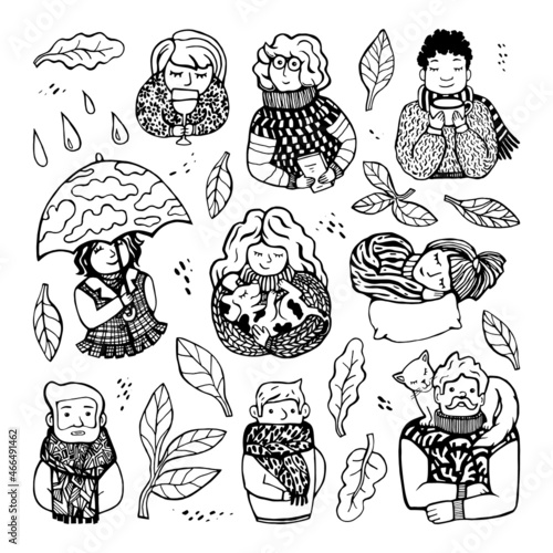 Big set. diverse people and autumnal elements - leaves, rain, umbrella, scarf, sweater, warm clothes. cute hand drawn vector illustration in modern style. isolated in layers on white.