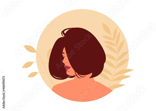 Portrait of a beautiful woman or girl in profile shoulder-length with thick voluminous hair and a bob haircut. Vector illustration.	