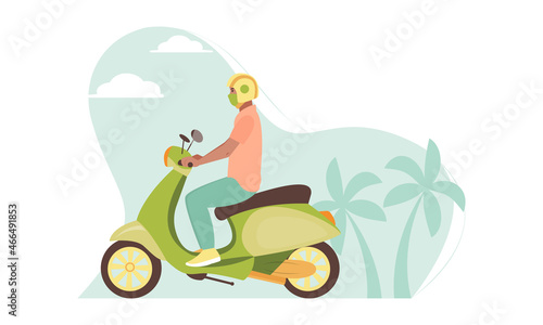 A man or a guy in a helmet rides a scooter or bike. The concept of sustainable transport, active lifestyle, millennial generation. Vector illustration