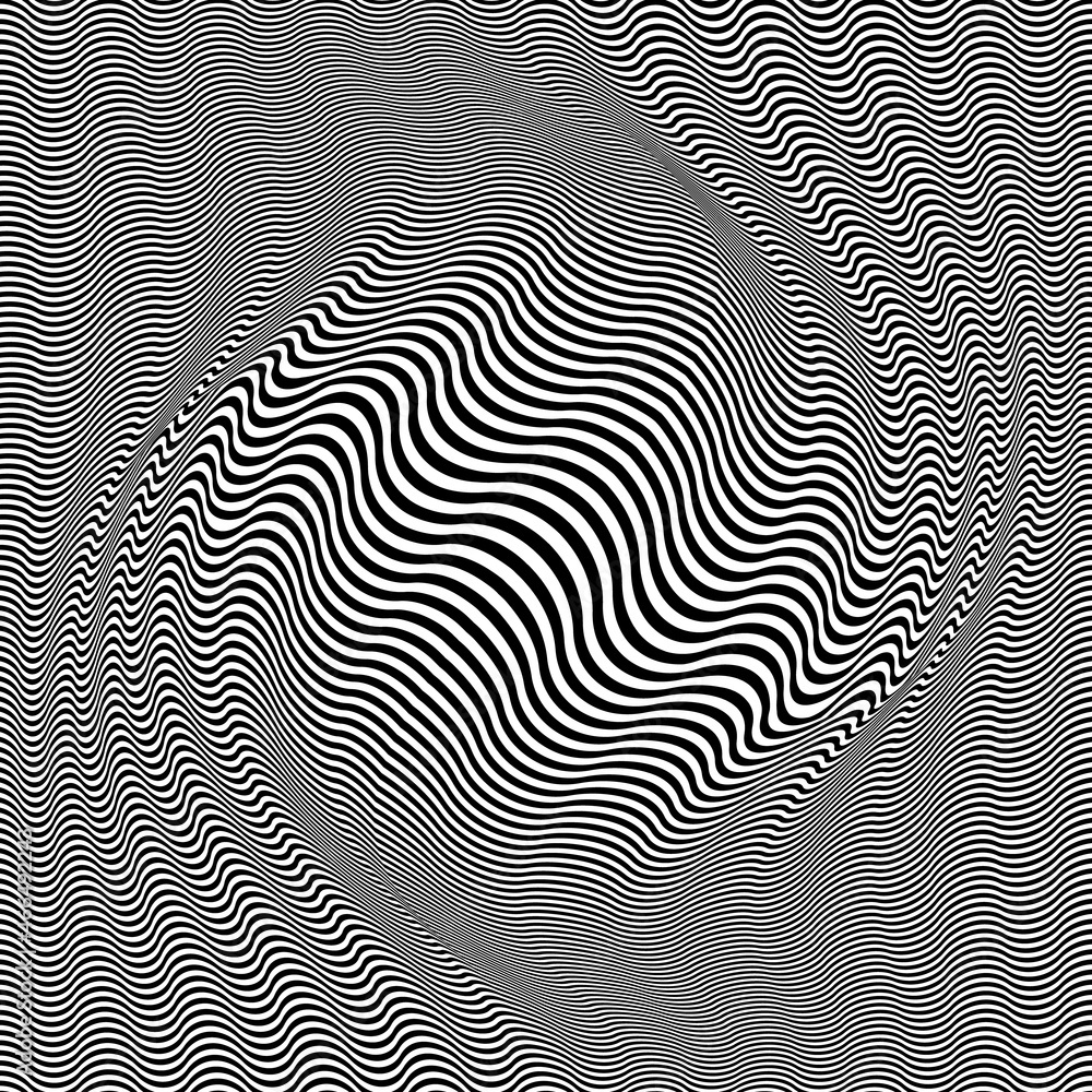 Optical art abstraction of distorted black lines. Twisted striped background for cover design.