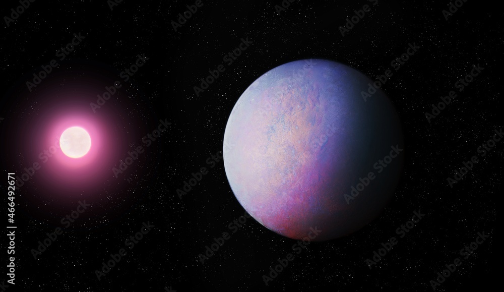 Planet and star in deep space. Realistic exoplanet, planet with a solid surface 3d illustration.
