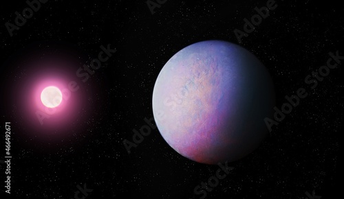 Planet and star in deep space. Realistic exoplanet  planet with a solid surface 3d illustration.