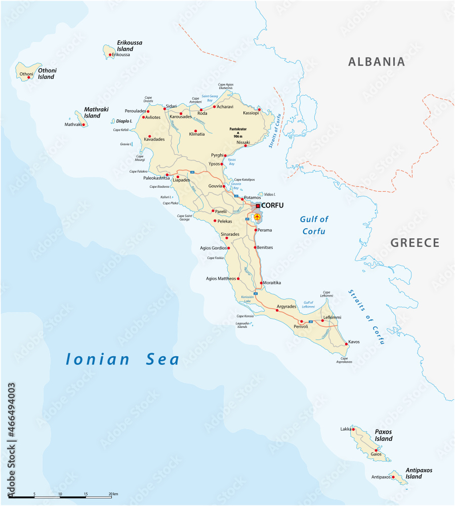 Vector road map of the Ionian island Korfu, Greece
