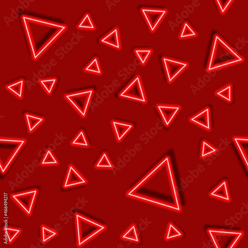 Abstract neon seamless pattern from triangle. Red glowing geometric figures background.
