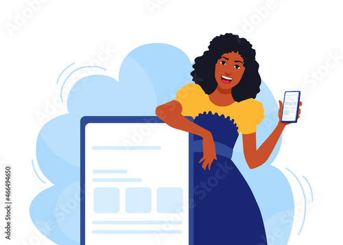 A girl seller showing a smartphone. A saleswoman advertising mobile phone. A template with copy space. A vector cartoon illustration.