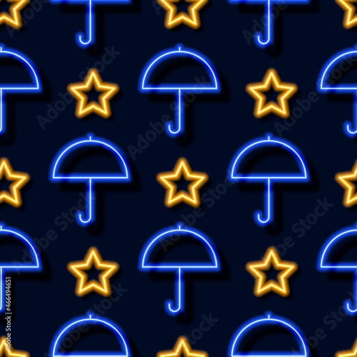 Stars and umbrella neon seamless pattern. Glowing geometric figures background. Vector illustration for design, wrapping paper, fabric.