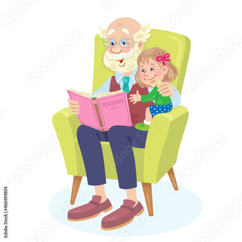 Cute grandfather and little granddaughter are reading a book while sitting on an armchair. In cartoon style. Isolated on white background. Vector flat illustration.