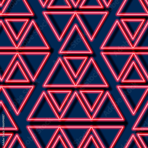 Abstract neon seamless pattern from triangle. Red glowing geometric figures background.