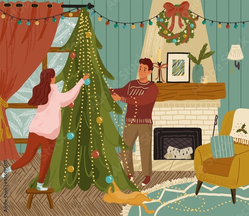 Couple decorating christmas tree with ornaments and garlands. Happy family preparing for 2022 new year holiday celebration. Colorful vector illustration in hand drawn style style