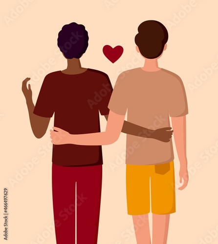 An interracial homosexual couple. Hugging men. The LGBT community and the concept of love. Vector illustration.