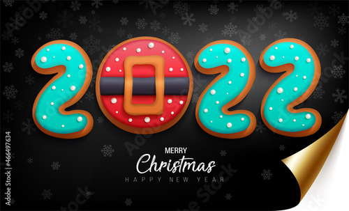 Merry Christmas and Happy New Year banner with sweet glazed cookies for celebration 2022 year.