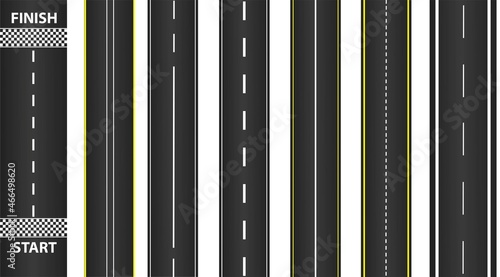 Paved driveway. Route for driving cars. Solid and dashed line markings. Highway for high speed. Vector illustration
