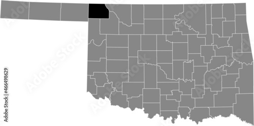 Black highlighted location map of the Harper County inside gray administrative map of the Federal State of Oklahoma, USA