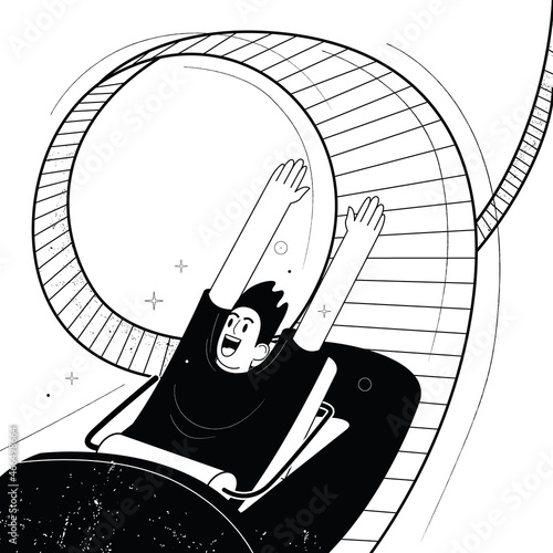 Man riding fast on rollercoaster, happy laughing or excited scared with open mouth on amusement park.