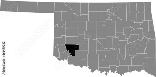 Black highlighted location map of the Kiowa County inside gray administrative map of the Federal State of Oklahoma, USA photo