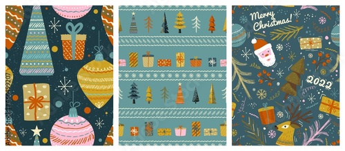 Christmas seamless pattern vector set in vintage scandinavian style. New year winter holiday background with christmas tree, santa claus and gifts