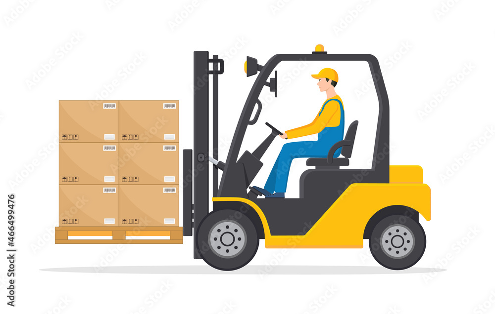 Forklift with driver. Forklift truck with man of driving. Fork lift with pallet on warehouse. Flat cartoon illustration. Icon of worker on machine in warehouse with box, cargo and package. Vector