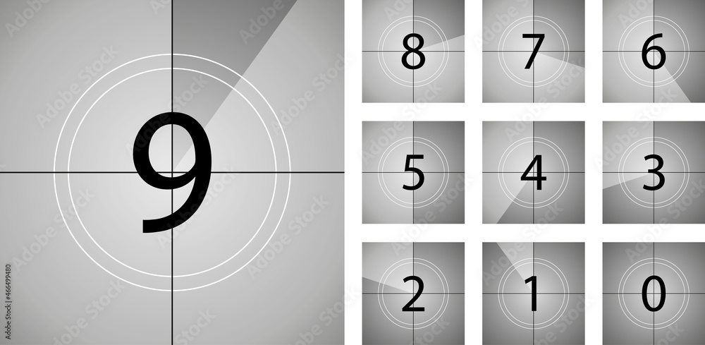 Countdown in film with number from 9 to 0. Count of movie or video on cinema