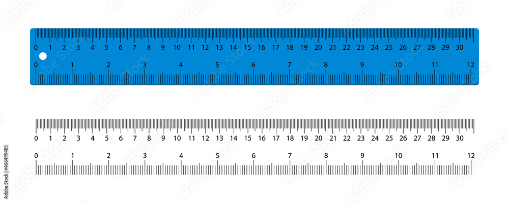 Ruler. Scale with inch and centimeter. Plastic blue ruler for measure of  inch and cm. Tape with graphic meter for school, geometry, math. Line with  metric, number and realistic size. Vector Stock