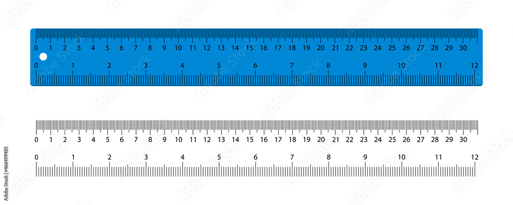Ruler. Scale with inch and centimeter. Plastic blue ruler for measure of inch and cm. Tape with graphic meter for school, geometry, math. Line with metric, number and realistic size. Vector Ruler. Scale with inch and centimeter. Plastic blue ruler for measure of inch and cm. Tape with graphic meter for school, geometry, math. Line with metric, number and realistic size. Vector