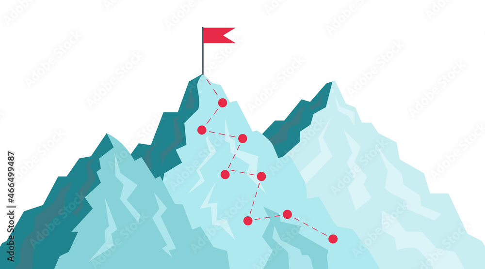 Path in mountain. Success journey with goal in destination. Challenge for leaders growth. Flag in peak of progress. Top target in career. Route and plan for sport, business climb achievement. Vector