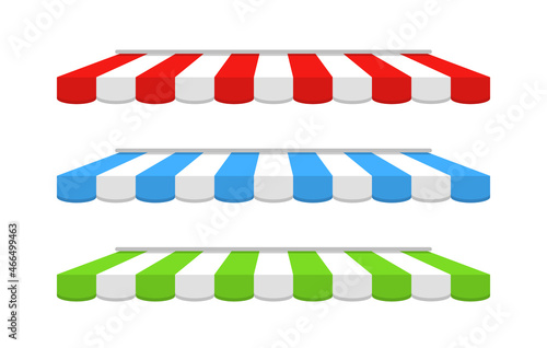 Tent of shop. Awning on cafe. Roof of marketplace. Red, blue, green-white stripe canopy for store or market. Striped sunshade for restaurant, circus and marquee. Parasol on white background. Vector