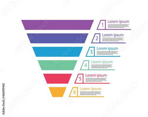 Funnel sale. Pyramid for infographic of process. Chart of marketing. Diagram with cone and step. Graphic template for funnel sales. Graph with level, option and target. Business hierarchy. Vector