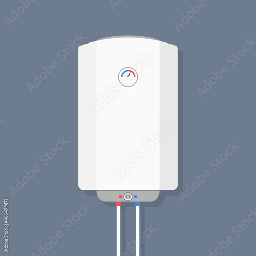 Boiler water heater. Cylinder electric boiler. Flat icon of tank of geyser. Home smart device for hot water. Safety domestic equipment. Heater with panel, switch and pipe. Vector