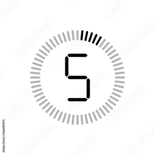 Timer icon with five second. Stopwatch with 5 minute. Clock for time, countdown and stop. Watch with 5 sec. Chronometer for speed, sport and cooking. Graphic symbol. Vector
