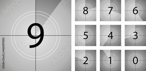 Countdown in film with number from 9 to 0. Count of movie or video on cinema screen. Animation background with counter. Start time of movie in vintage style. Clock of countdown. Vector