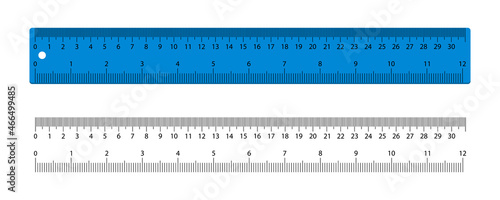 Ruler. Scale with inch and centimeter. Plastic blue ruler for measure of inch and cm. Tape with graphic meter for school, geometry, math. Line with metric, number and realistic size. Vector photo
