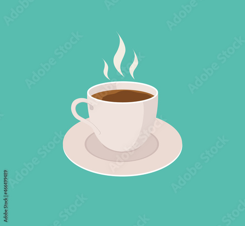 Cup with coffee. Mug of espresso or tea. Flat icon of hot drink in cafe. Mug with coffe and smoke in cartoon style. Illustration for breakfast. Banner of coffee. Logo for cafeteria. Vector