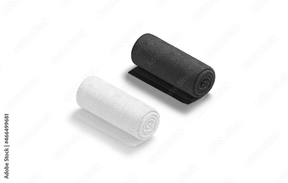 Blaank black and white twisted big towel mockup, side view Blaank black and white twisted big towel mockup, side view