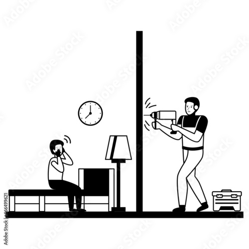 Eternal Repair Concept, Noisy Neighbours Vector Color Icon Design, neighbourhood conflicts Stock illustration, bad neighbors Symbol, sleeping disturbance sign, Repairman Making a Hole in joint Wall