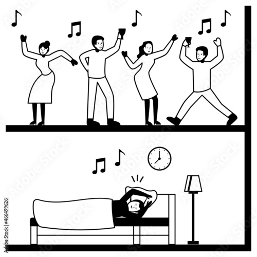 Music Lovers Concept, noisy upper floor Neighbours Vector Color Icon Design, neighbourhood conflicts Stock illustration, bad neighbors Symbol, sleeping disturbance sign
