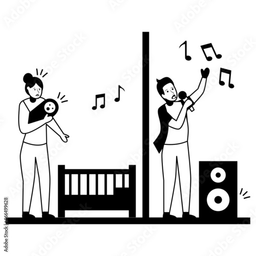 Noisy neighbour Singer Concept,  Baby Cant Sleep Due Loud Music Vector Color Icon Design, neighbourhood conflicts Stock illustration, bad neighbors Symbol